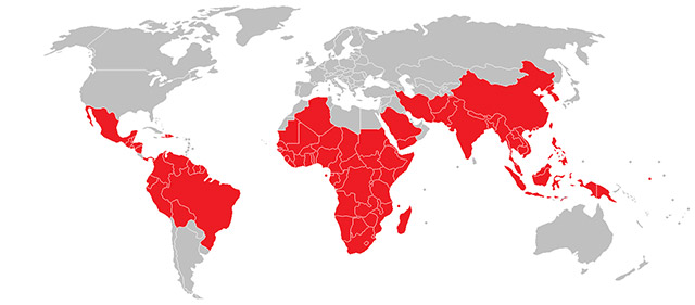 Map of the world with regions highlighted in red indicating high risk malaria locations
