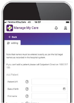 Preview of Manage My Care app on phone with form to 'add patient' details